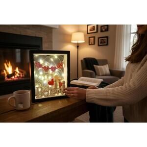 Wooden 'Believe' Decorative Light Box with LOVE Hearts and Fairy Lights